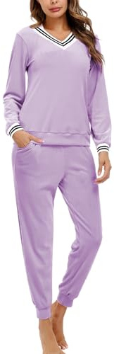 Totatuit Pijama Terciopelo Mujer Dos Piezas Cálido Cómodo Cuello V Mujer Casual Traje de Pijama para Primavera Otoño Invierno Ropa de Dormir Hellviolett L