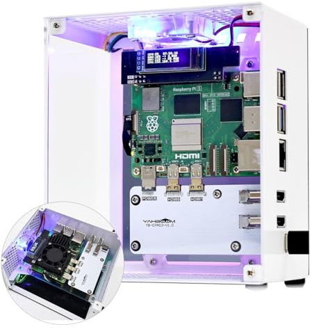 Yahboom Raspberry Pi 5 Case, Aluminum Mini Tower Case with Cooling PWM Fan and RGB Color Changing Mood Light (Basic Version)