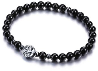 PiercingJak 6mm Obsidian Perlen Armband mit Hämatit Lebensbaum Anhänger Damen Perlenarmband Naturstein Yoga Armreif Spiritueller Schmuck Freundschaft Geschenke für Frauen