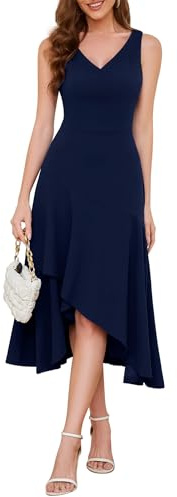 Robe Aupuls à Col en V Midi pour Femme, Robe Formelle pour Invitée de Mariage Haute-Basse 2026, bleu marine, M
