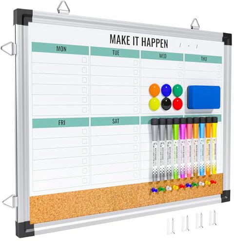 Marsrock Weekly Dry Erase Board and Cork Board Combo for Wall, 17x13 Reversible Hanging Dry Erase Board, Double Sided White Board with Aluminum Frame for Planning, Office, Kitchen, School, Home