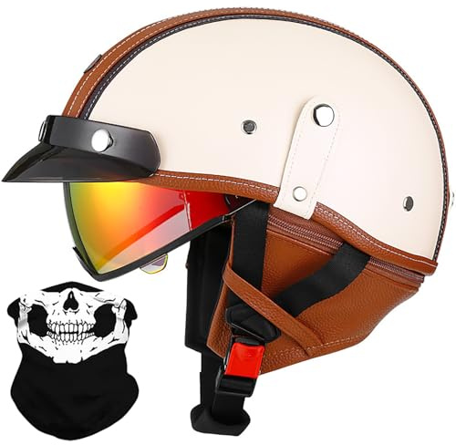 Medio Casco Moto Retro Casco Abierto Cuero Alemán, Hombres Mujeres Bike Cruiser Chopper Ciclomotor Scooter Casco Media Concha Vintage con Bufanda Desmontable, Aprobado ECE 57-64cm