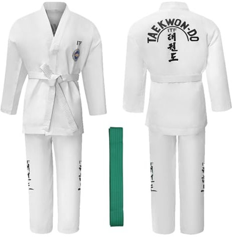 CHUIKUAJ Karate Gi for Kids/Adults,ITF Taekwondo uniform with Green Belt, Unisex Student Training Sparring Uniform-for Taekwondo level 6,White-180