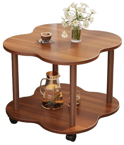 Tavolino Quadrifoglio a Due Livelli con Rotelle, Stile Retrò in Noce Scuro, Tavolino da Salotto O Comodino per Soggiorno, Camera da Letto, Balcone – 50 X 50cm (Noce scuro, con freno)