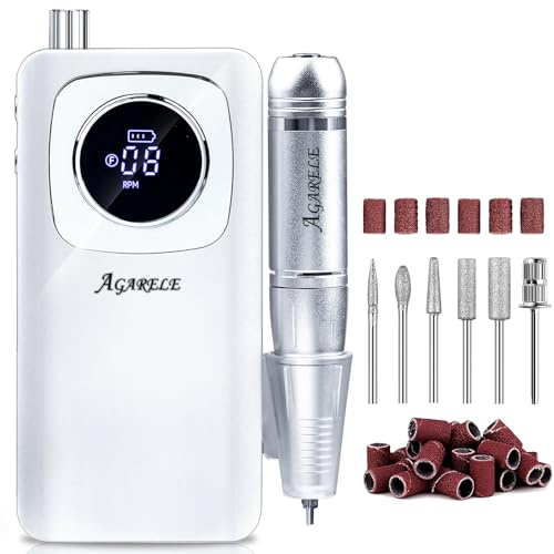 AGARELE Eelectric Nail Files 45000RPM, Professional Nail Drill Machine for Acrylic and Gel Nails, Adjustable E File with 6pcs Nail Bits Rechargeable Manicure Pedicure Kit Gifts for Salon Home (White)