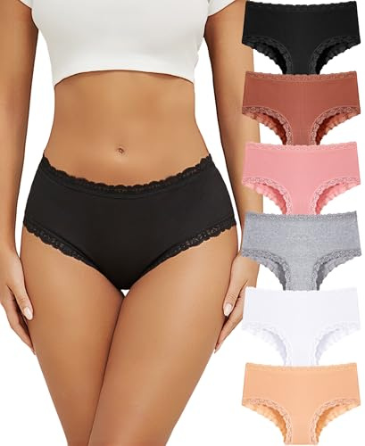 ALL OF ME Culotte Femme Coton Slip Brésilien Culottes Femme Dentelle Sexy Mi-Taille Haute Confortable Multipack Lot de 6 S-XXL