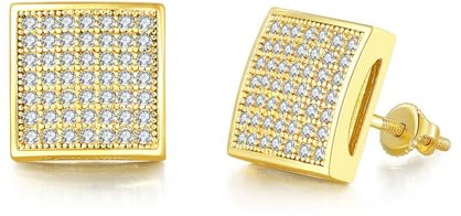 Pendientes de botón para hombre – cuadrados con circonitas micro-pavé, chapado en oro/plata, cierre de rosca, estilo hip-hop bling, base de cobre, pulido a mano – 1 par