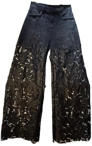 IKFGTJRE Jeans a Gamba Larga da Donna Pantaloni Larghi Casual a Vita Alta con Gamba Dritta e Pizzo Cavo, Ricamo Estivo Strass, in Denim, Patchwork, Gancio Fiore(M)