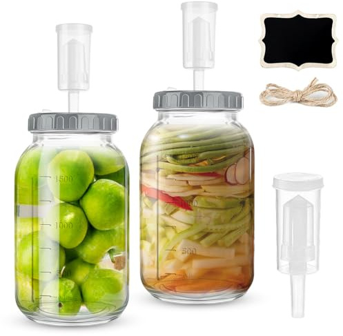 2 stycken fermenteringsset, 64 oz fermenteringsglas med luftlås, mångsidig kimchi-behållare, kefirglas med lock, bred mun fermenteringsglas för kimchi, surkål, surdeg starter, surdegstartare