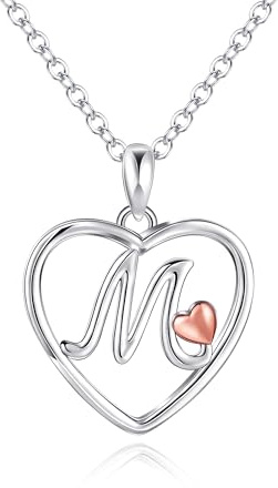 Mesovor Initial Heart Necklaces for Women, Sterling Silver Necklace with Rose Gold Heart | Personalized Jewelry Gifts for Mother Wife Daughter Sister (Letter-M)