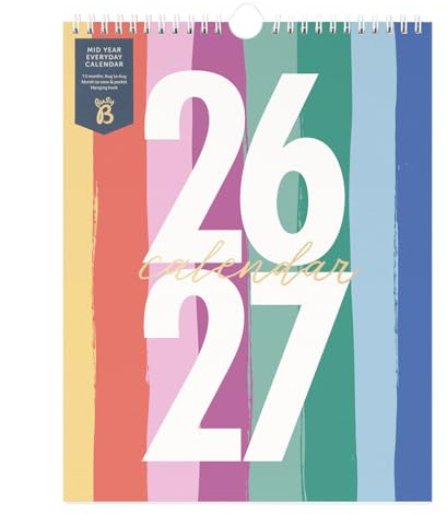 Busy B Calendrier mural août 2026/2027, planificateur académique quotidien avec vue mensuelle, tâches, notes, autocollants, poche de rangement, 29,5×22 cm, motif Rayures multicolores.