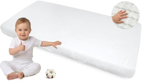 Medi Partners Dra-på-lakan Muslin 60x120 Babysänglakan Spjälsäng Dra-på-lakan 100% bomull - Muslinlakan Sängkläder Babymadrass Sovsäck Spjälsäng (Vit)