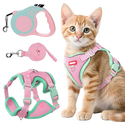 Arnes Gatos y Correa Set, Transpirable Arnes Gato Pequeño, con Correa Extensible 3M, para Caminar, Entrenar, Gato Pequeño y Mediano Rosa