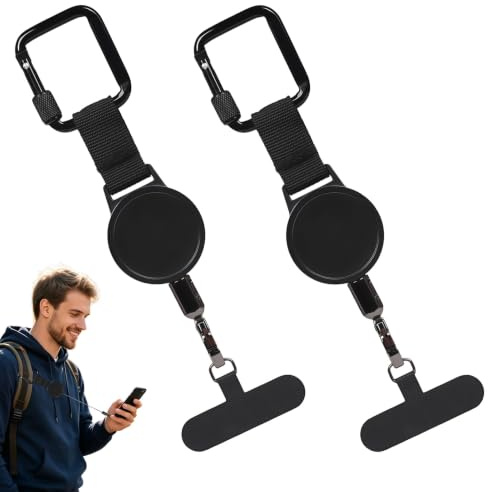 2 Correa Retráctil para Teléfono Móvil, Llavero Antirrobo Extensible con Gancho Metálico Bloqueable y Llavero Anticaída Seguridad, Universal con Cable para Esquí, Viaje, Senderismo y Uso Diario,Negro