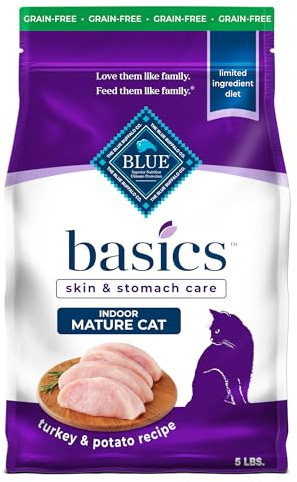 Blue Buffalo Basics Grain-Free Dry Cat Food, Skin & Stomach Care, Limited Ingredient Diet for Mature Indoor Cats, Turkey & Potato Recipe, 5-lb. Bag
