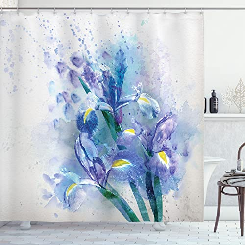 Ambesonne Watercolor Flower Shower Curtain, Floral Background Irises in Fresh Colors Nature Earth, Cloth Fabric Bathroom Decor Set with Hooks, 69 W x 70 L, Lilac Teal Ecru