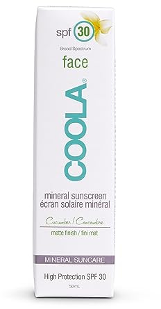Coola SPF 30 Mineral Face Sun Cream, 70 Percent + Organic Daily SPF Face Moisturiser, Broad Spectrum UVA/UVB Protection Sunscreen, Matte Finish with Cucumber Scent, 50 ml