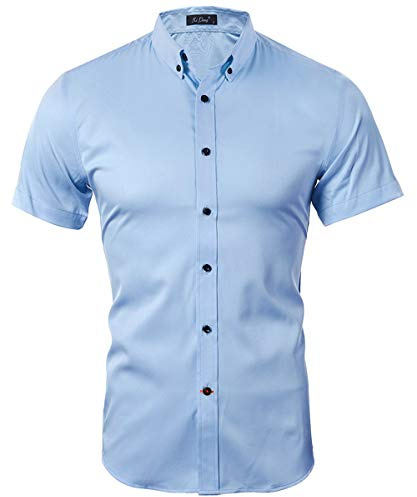Kuson Homme Chemise sans Repassage Couleur Unie à Manches Courtes Respirant Bleu Clair XL