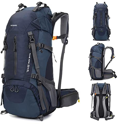 OCCIENTEC Wanderrucksack 50L,Herren Damen Wasserdichter Rucksack Trekkingrucksack 60L Reiserucksack Mit Regenabdeckung Für Wandern,Bergsteigen und Outdoor Sport (Dunkelblau3, 55+5)