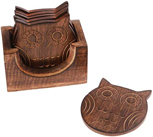 Indus Lifespace Set of 6 Adorable Owl Shaped Hand Carved Coasters for Drinks with Holder, 8.89cm