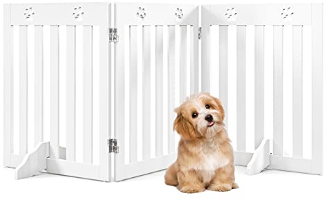 COSTWAY Foldable Pet Gate, Wooden Freestanding Dog Barrier with 360° Flexible Hinges, 60cm Step Over Safety Fence for Doorway, Stairs (152 x 60cm, White)