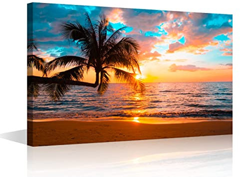 Wall Art Decor Large Canvas Print Picture Sunset Ocean Beach Waves Coconut Tree Scenery Painting Artwork for Office Home Decoration Stretched and Framed Ready to Hang 24x36inch (60x90cm)