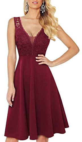 HOMEYEE Vestido de Noche Vintage para Mujer Sin Mangas de Encaje Rockabilly Swing Vestido de Cóctel A288 (L, Rojo Oscuro)
