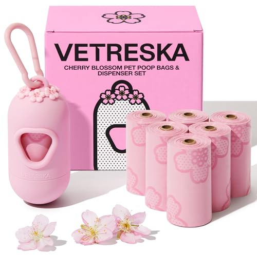VETRESKA Dog Poop Bag Dispenser with Cherry Blossom Scented Poop Bags, Leak Proof, Extra Thick Dog Waste Bags, 1 Count Bag Holder and 105 Count Bags for Dog Walking and Cats Litter, Pink