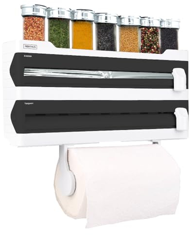 NERTHUS FIH 1256 Portarotoli da parete, dispenser triplo, dispenser alluminio e film con taglio, mensola portaspezie