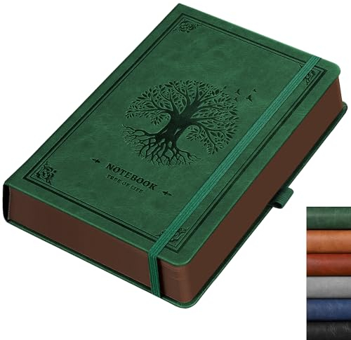 RETTACY Dickes A5 Notizbuch Liniert, Hardcover Leder Notizblock mit 320 nummerierten Seiten zum Schreiben, 100gsm Papier, für Frauen Männer Arbeit Büro Schule, 14.5 x 21cm - Dunkelgrün