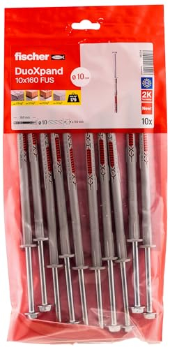 fischer DuoXpand 10 x 160 FUS, hochwertiger Universaldübel mit Sechskantschraube & angeformter U-Scheibe (10 Stk.), Dübel für starken Halt, ideal für poröse Baustoffe & randnahe Verankerungen