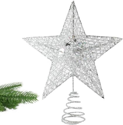 23CM Christmas Tree Topper- Christmas Tree Star for Xmas Decorations- 3D Glitter Sliver Christmas Tree Topper- Star Tree Topper for Christmas Tree, Outdoor Indoor Party (Sliver)
