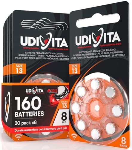 160 Pilas para Audífonos Tamaño 13 Udivita PR48 (Naranja) Zinc-Aire Hearing Evolution con Tecnología Phono Pulse - 20 Blísteres de 8 Pilas