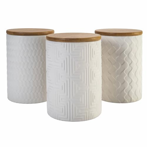 Villa d'Este Home Tivoli Set mit 3 Vorratsdosen 750 ml aus Keramik, Deckel aus Bambus, Shapes Geometrie