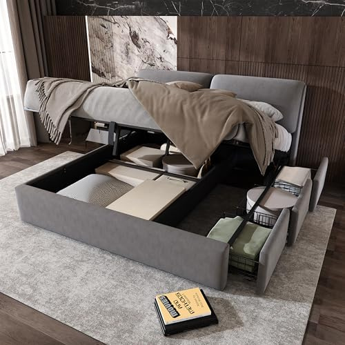 Dolamaní Jugendbett Polsterbett 160x200 cm Samt, Boxspringbett Bett mit 1 Hydraulisches Bettkästen & 3 Schubladen, Lattenrost mit Verstellbares Kopfteil, Grau