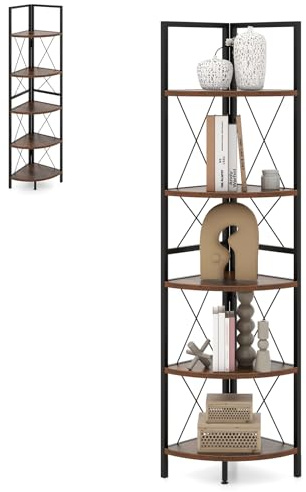 HOMASIS Scaffale ad Angolo a 5 Livelli, Libreria Angolo in Legno e Telaio in Metallo, Mobiletto Angolare Stretto e Salvaspazio per Soggiorno, Ufficio, Cucina, 35,5 x 35,5 x 160 cm (Marrone Vintage)