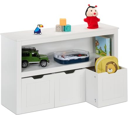 Relaxdays Kinderregal, 3 Boxen mit Rollen, HxBxT: 60 x 102 x 30 cm, Spielzeugschrank Kinderzimmer, Kinderkommode, weiß