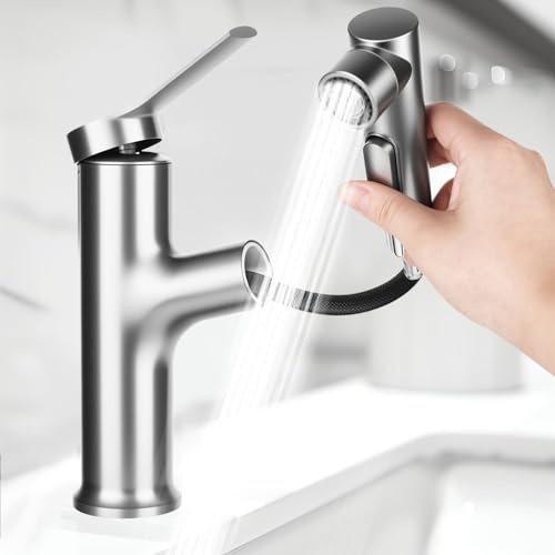 Rubinetto da bagno con doccetta estraibile, ad alta pressione, miscelatore monocomando con 3 tipi di getto, adatto per il bagno (Grigio canna di fucile) (argento)