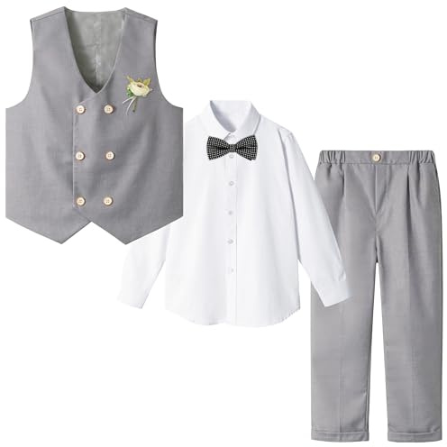 LOLANTA Costume Formel 4 pièces pour garçon, Ensemble de Gilet à Double Boutonnage, vêtements de fête d'anniversaire de Mariage pour Enfants, Gris, 8-9 Ans, 140