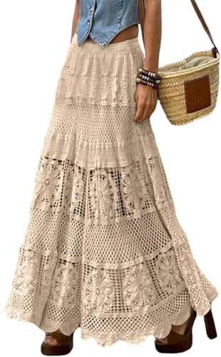 LLECDASEUI Jupes Maxi Boho en Tricot au Crochet en Dentelle Florale Occidentale pour Femmes Jupe Longue Transparente Fluide à œillets trapèze Hippie (Kaki,Taille Unique)