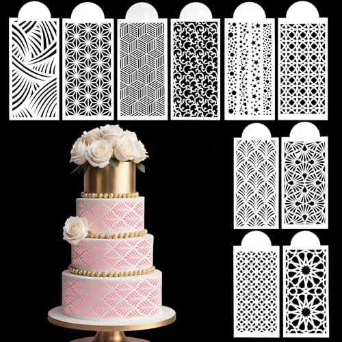Cake Stencils for Buttercream, 10 PCS Mesh Floral Stencils for Cakes Decorating Supplies DIY Side Baking Stencil Reusable Templates for Fondant Cookie Wedding