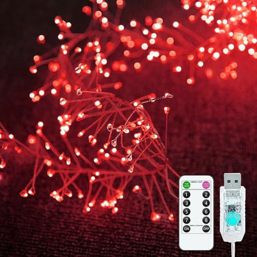 Generico String di luci, 19,68 piedi 200 LED Natale fata luce USB funzionamento 8 modalità rame filo luce stringa giardino matrimonio festa di Natale decorazioni (Rosso)