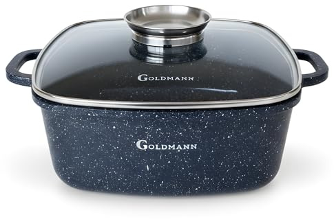 Goldmann 24cm Quadratischer Alu-Guss Bräter (4.5L), Glasdeckel, Keramik, Induktion, Aromaknopf, PFOA-frei, Spülfest