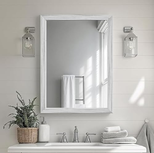 Ultrue White Wood Effect Framed Wall Mirror, 24x32 Rectangle Mirror, Anti-desilvering Tempered Glass, Sustainable& Sturdy Frame, Anti-Rust, HD Reflection &3min Fast Setup for Bathroom Living Room