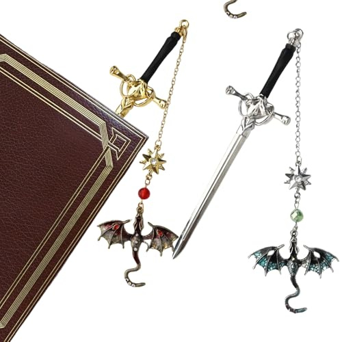 bssmmai 2 stycken metallflikar med draksvärd, fantasy bokmärken med hänge, personliga bokmärken - unik gåva för kvinnor, män, bokälskare