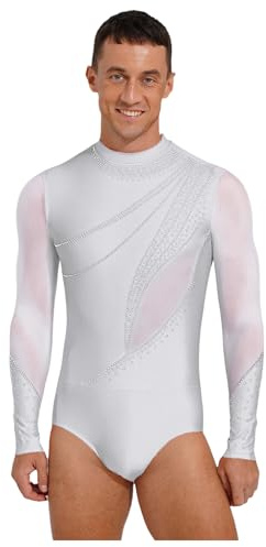 FEESHOW Men's Glittery Bodysuit Figure Skating Bodysuit Gymnastics Leotards Latin Dance Costume Unitards White Medium