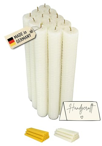 12 candele a bastoncino, 100% cera d'api dalla Germania, arrotolate a mano, altezza 20 cm, ca. Ø 2,2 cm, bianco, set di candele di alta qualità con stoppini di canapa per decorazione da tavolo, feste
