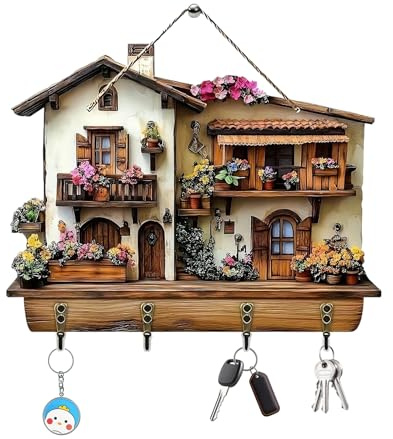 Nodrex Key Holder for Wall, 2D Wooden Key Hooks Wall Mounted with 4 Hooks, House Shape Decorative Key Rack for Entryway Hallway, Key Hanger Storage with Rope
