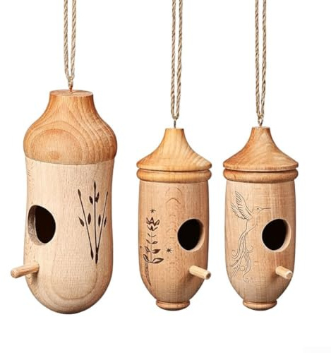 Refugios de madera de haya para colibríes, paquete de 3 casas para pájaros con construcción resistente a la intemperie, entrada especial para pinzones y golondrinas, cuerdas fáciles de colgar para