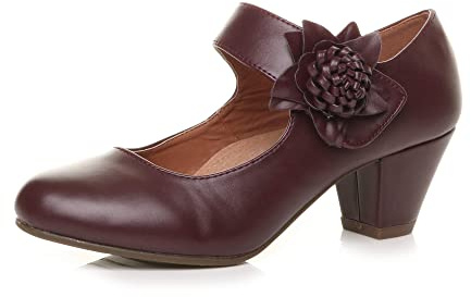 Ajvani, kvinnor, damer, låg block, kitten heel-klack, Mary Jane stil, blomma, läderfodrade arbetsskor, pumps, storlek., Mörk Bordeaux, 40 EU